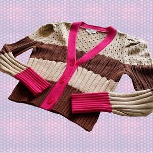 Calligraphie Mutton Sleeve Knit Brown and Pink Cardigan